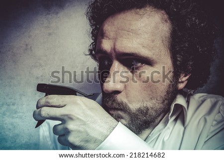 Clean, businessman with a spray, cleaning, man in white shirt with funny expressions