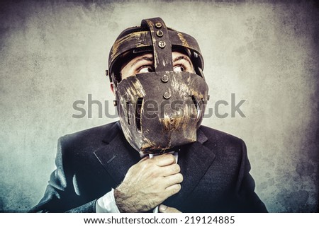 screaming, dangerous business man with iron mask and expressions