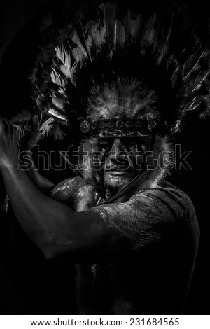 War Native, American Indian chief with big feather headdress