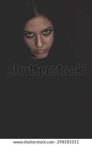 brunette woman with brown veil, Arabic young woman with green eyes and mysterious beauty