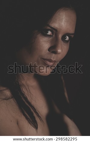 brunette woman with brown veil, Arabic young woman with green eyes and mysterious beauty