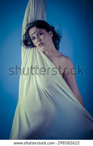 Inspiration, Greek muse with white veil, beautiful brunette woman with long cloth