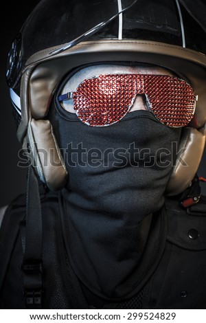 Terror rider, biker with sunglasses red crystals and balaclava