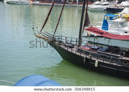 pirate boat moored in Marbella, Spain city summer