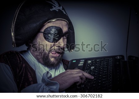 Password, computer security, hacker pirate dress with hat and skull