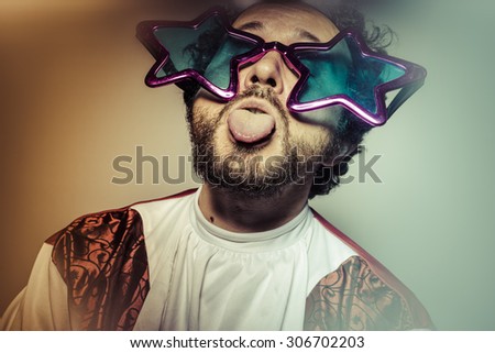Tongue, Man with glasses and stupid face huge stars, selfie