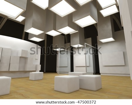 Art gallery with blank frames, modern building, conceptual architecture