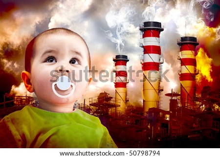 A global warming picture with a Child looking at the sky. Landscape of industries with fire and toxic gases