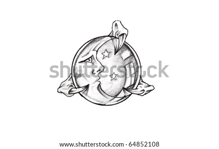 Tattoo Art, Sketch Of A Moon And Cat Stock Photo 64852108 : Shutterstock