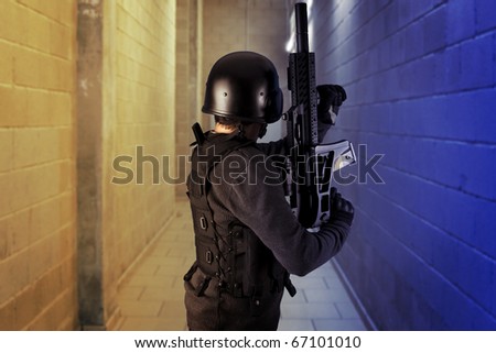 Airport security, armed police wearing bulletproof vests