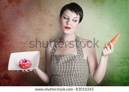 beautiful brunette questioning her diet between health and high calorie