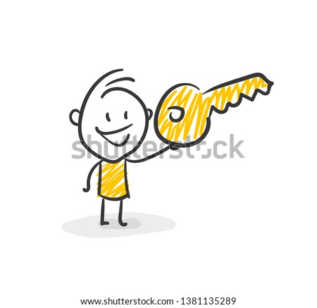 Smiling Business Stick Figure Holds A Key In His Hand Vector