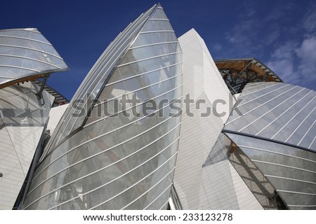 PARIS, FRANCE - NOVEMBER 22, 2014: The Building of the Louis Vuitton Foundation in Paris. This Building was opened at October 2014 and is the new Attraction in Paris