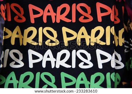 PARIS, FRANCE - NOVEMBER 23, 2014: French Souvenir - a bag with Paris on it at a Souvenir Shop in Paris, the capital of France