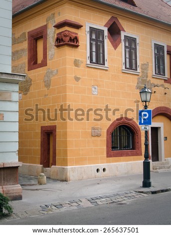 Corner of the street with stylish tenement house at Prague.
