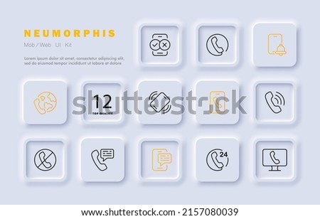 Hotline set icon. Calls around the clock, all over the planet, help, alarm clock, reminder, missed, correspondence, message. Support concept. Neomorphism style. Vector line icon for Business