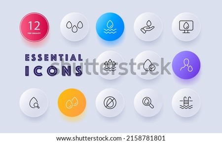 Water set icon. Drop, search for water, moisture, evaporation, humidification, pool. Green peace. Save the water concep. Neomorphism style. Vector line icon for Business and Advertising