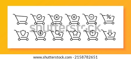 Shopping cart set icon. Check mark, cross, plus, minus, add, delete, percentage, discount, product search, time, download, etc. Order concept. Vector line icon for Business and Advertising