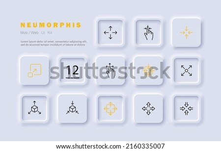 Click set icon. Arrows, zoom, sensor, slide, scroll, expand, view angle, rotate, move, move. Index finger concept. Neomorphism style. Vector line icon for Business and Advertising