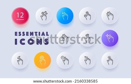 Click set icon. Arrows, zoom in and out, sensor, slide, scroll, expand, view angle, rotate, touchpad, move, move. Index finger concept. Neomorphism style. Vector line icon for Business and Advertising