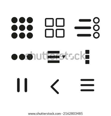 Menu buttons set icon. Tiles, squares, arrows, lists, application buttons, alignment, slider, slide, scrolling. Knob conceept. Vector line icon for Business and Advertising