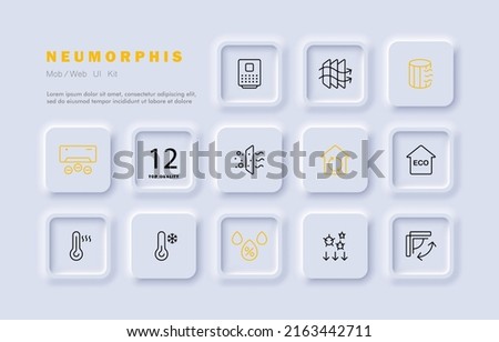 Conditioner set icon. Air conditioning, Air filtration, cold, heat, virus, fan, propeller, thermometer, etc. Fresh air concept. Neomorphism style. Vector line icon for Business and Advertising
