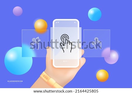 Click set icon. Index finger, brush, tapping, sliding, scrolling, waiting, cursor, arrow, hourglass, typing. Pressing concept. Glassmorphism. UI phone app screens. Vector line icon for Business