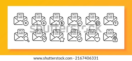Mail set icon. Sms with plus, minus, cross, dollar, gear, watch, magnifying glass, pointer, heart, lock, privacy. Data set concept. Vector line icon for Business and Advertising