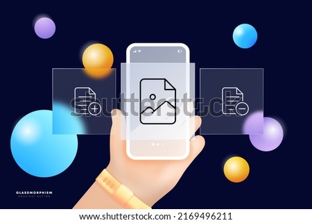 File set icon. Paid information, property rights, add, minus, delete, image, media, download, plus, gallery. Data set concept. Glassmorphism. UI phone app screen. Vector line icon for Business