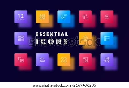 Button menu line icon. Arrows, checkmark, tick, cross, align, shapes, list, sorting, charts, circles, sliders, personalization. Applications concept. Glassmorphism style. Vector line icon for Business