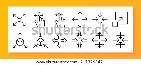 Full screen arrows set icon. Zoom in, zoom out, scale, hand, touch control, minimize, maximize, vr, virtual reality, metaverse. Technology concept. Vector line icon for Business and Advertising.