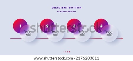 Shopping carts set icon. Remove sign, arrow down, add to the cart, percent, clock, online shop, store, buy, purchase. Sale concept. Glassmorphism style. Vector line icon for Business and Advertising.