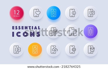 Phone Features set icon. Like, social networks, charge, comment, help, sliders, settings, video, player, cloud storage, alarm clock, buttons. Neomorphism style. Vector line icon for Business