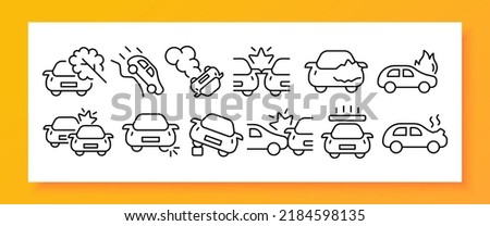 Car accidents set icon. Falling tree, fall off a cliff, overturned car, collision, dent, hood, fire, distance, tire burst, crash, overheating, concrete slab. Road traffic concept. Vector line icon.