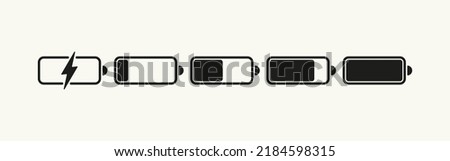 Battery state of charge set icon. Discharged, full, lightning, electricity, accumulator, electric, power supply. Technology concept. Vector line icon for Business and Advertising.