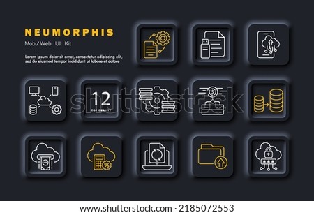 Computer work set icon. File management, gear, flash drive, backup, cloud storage, phone, finance, database, dollar, count, laptop, folder, password. Business concept. Neomorphism. Vector line icon.