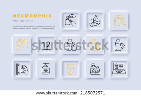Hand cleansers set icon. Laptop, antiseptic, spary, antibacterial, wash, antibacterial, quality mark, price tag, apple, cherry, water drop. Personal hygiene concept. Neomorphism. Vector line icon. Stockfoto © 