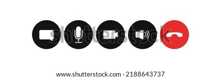 Online conference control buttons set icon. Webinar, send message to the chat, turn on microphone, camera, sound, end meeting, call, communication. Technology concept. Vector line icon for Business.