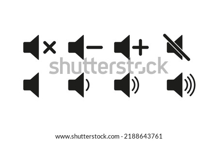 Volume control buttons set icon. Turn off the sound, turn down, up, on, plus, minus, cross, crossed out, loud, quiet, listen, music, speaker, megaphone. Technology concept. Vector line icon.