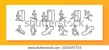 Information signs with people set icon. Exit, entrance, door, run, go up, down stair, fall, escalator, slip, wheelchair, disabled person. Warning concept. Vector line icon for Business and Advertising