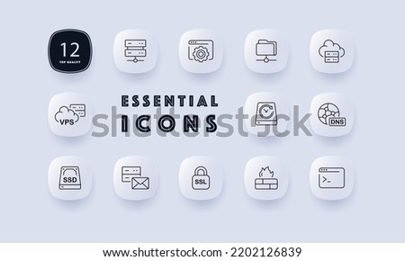 Data storage set icon. Hard disk drive, folder, settings, gear, cloud, solid state, memory card, HDD, SSD, VPS, virtual private server, DNS, SSL, protection. Technology concept. Neomorphism style