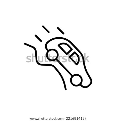 Car falling off a cliff line icon. Warning sign, accident, drunk driving, unable to control the car, steep descent, weather conditions, relief, landscape. Road traffic concept. Vector line icon.