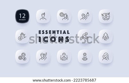 Work life balance set icon. Productivity, rest schedule, load on the nervous system, brain, thinking, lightning, workflow organization, drowsiness, stress. Business concept. Neomorphism style