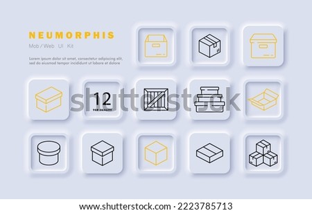 Boxes set icon. Pack, package, container, shipping, cardboard, wooden, carton, logistics, protection, contain, storage, cube, gift, wrapping. Delivery service concept. Neomorphism style