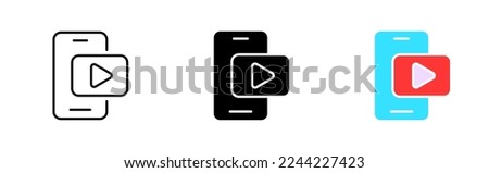 Phone with Video line icon. Video hosting, watching movies. pause, volume, rewind, settings, full screen buttons. Media concept. Vector icon in line, black and colorful style on white background