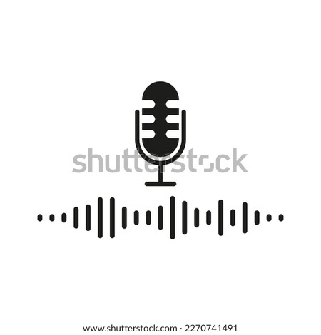 Microphone with sound track line icons. Sound recording, music, sound wave, hertz, frequency. Sound concept. Vector line icon on white background