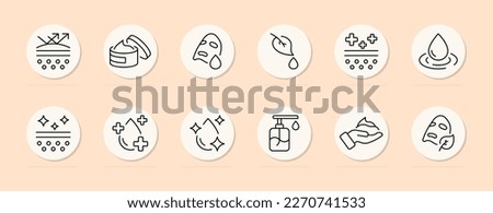 Skin healing icon set. Skin care, moisturizing, Korean cosmetics, delicate skin, cosmetics. Skin healing cocnept. Pastel color background. Vector line icon for business