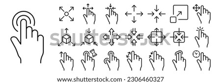 Set of touchscreen control icons. Illustrations representing various touchscreen gestures and control elements, including tap, swipe, pinch-to-zoom, rotate, scroll.