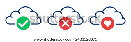 Set of clouds line icon. Confirmation, verification, cloud storage, emoji, reject, information, data. Vector icons for business and advertising