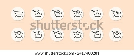 Grocery cart set line icon. Tick, plus, minus, cross, asterisk, timer, dollar, shield. Pastel color background. Vector line icon for business and advertising